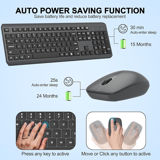 Wireless Keyboard and Mouse Combo, Full-Size Silent Ergonomic Keyboard and Optical Mouse, Long Battery Life, 2.4G Lag-Free Mice Keyboard for Computer, Mac, Laptop, PC, Windows(Gray)