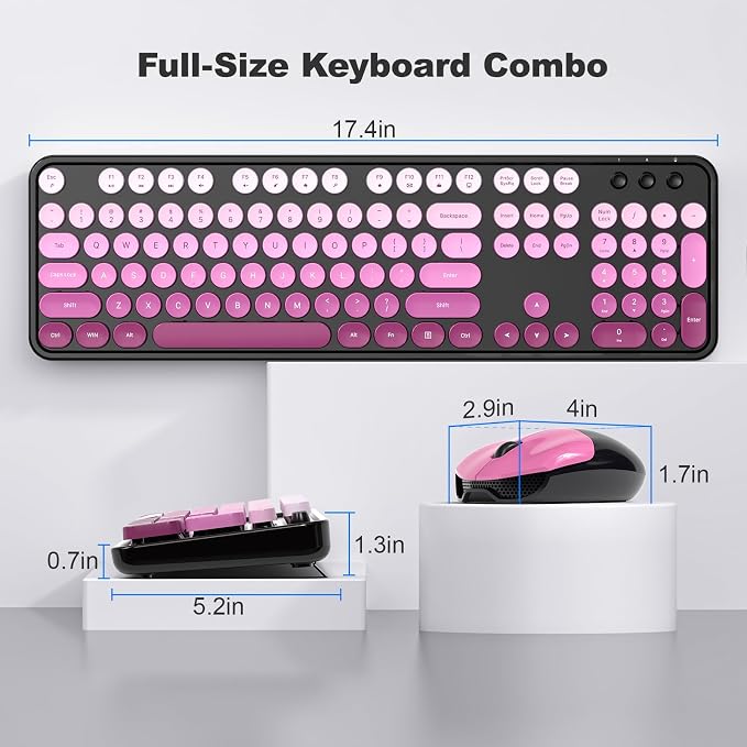 Wireless Keyboard and Mouse Combo, 2.4GHz Gradient Colorful Full-Size Retro Typewriter Keyboard with Wireless Mouse for PC/Desktop/Laptop/Windows (Black Pink)