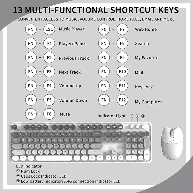 Creamy Wireless Keyboard and Mouse, MOFII 104 Round Keycaps Retro Typewriter with OTG & Brush, Full-Size Ergonomic, Ideal for Windows PC, Home, Office and College Gray White