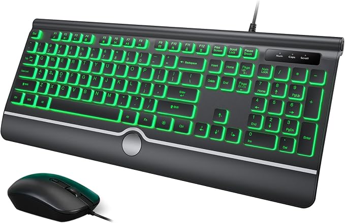 Wired Keyboard and Mouse Combo, Backlit Computer Keyboards with Wrist Rest, Light Up Keyboard Easy to See, 7-Color Backlit Keyboard and Optical Mouse for Windows, PC, Laptop, USB Plug and Play