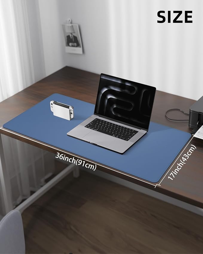 Leather Desk Pad Protector, Large Mouse Mat, Non-Slip Waterproof PU Leather Blotter, Office and Home Cover (Grey Blue, 36" x 17")