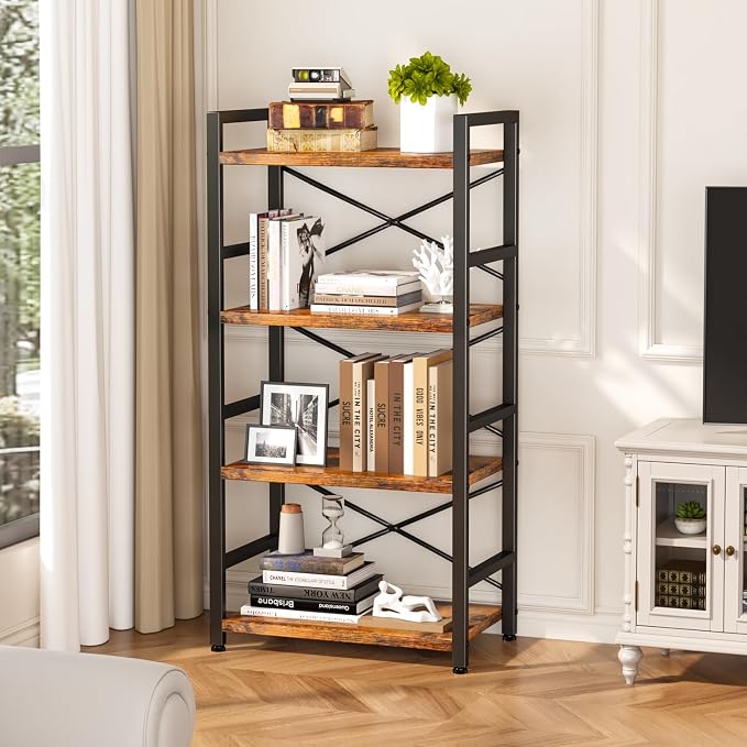 Homeiju Bookshelf, 4 Tier Small Bookcase, Organizers and Storage, Metal Small Bookcase, Rustic Book Shelf Organization and Storage for Living Room, Bedroom, and Home Office(Rustic Brown)