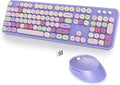 Wireless Keyboard and Mouse Set, Retro Typewriter 2.4GHz Full Size 104-Key Cute Colorful Keyboard with Number Pad Round Keycaps for Windows PC Laptop(Colorful Purple)