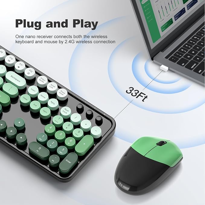 Wireless Keyboard and Mouse Combo, 2.4GHz Retro Full-Size Typewriter Keyboard with Number Pad and Wireless Mouse for PC/Laptop/Desktop/Windows (Black Green)