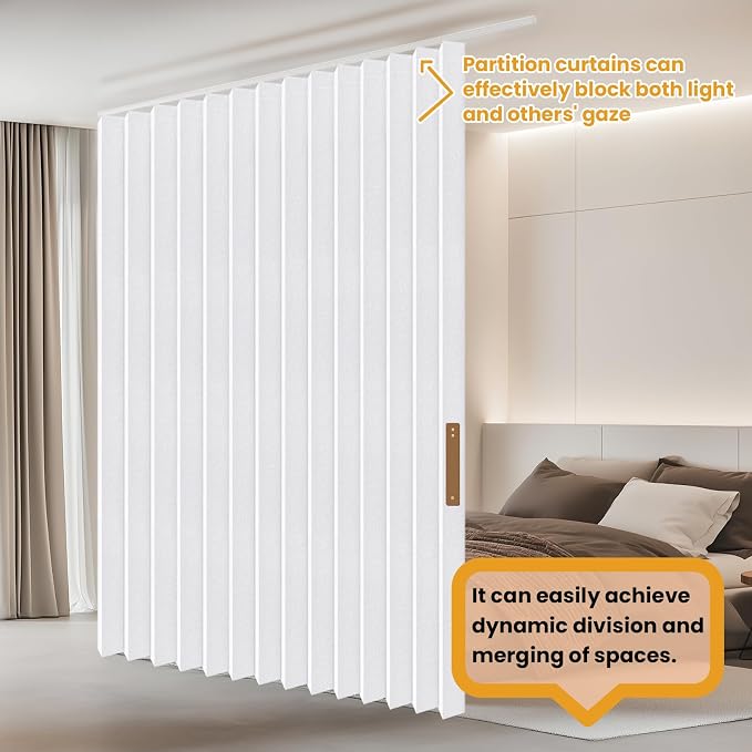 JILRON Hanging Accordion Room Divider with Track System - Ceiling-Mounted Partition Curtain, Simple Installation(White 180" W x 84" L-Pack of 1)
