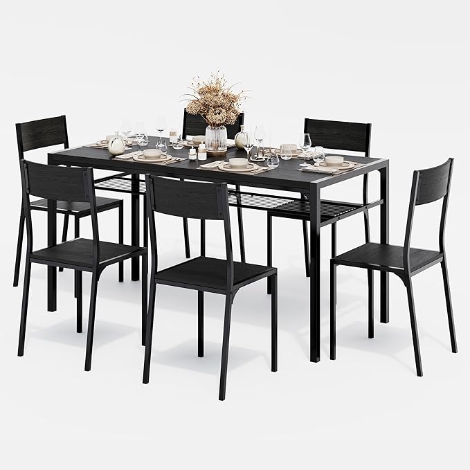Gizoon Dining Table Set for 6 with Chairs, 7-Piece Kitchen Table Set for Small Space, Apartment, Kitchen, Dining Room, Space-Saving