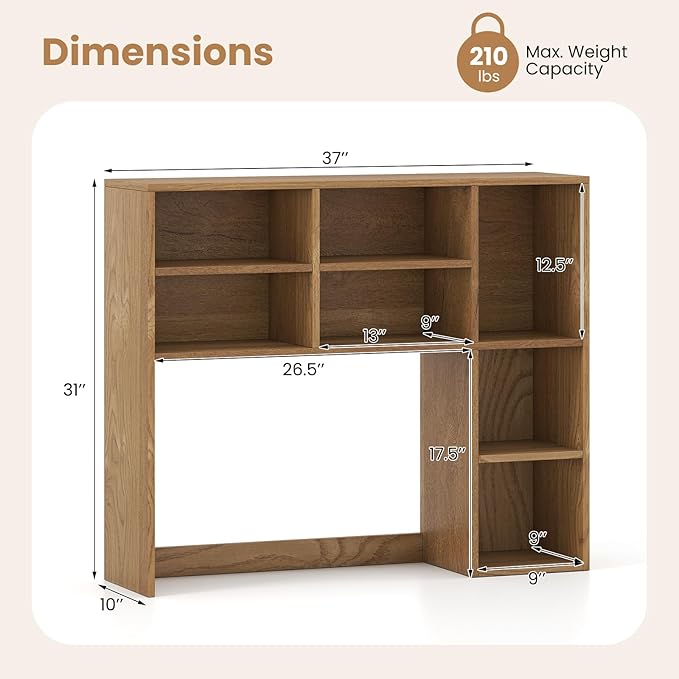 GOFLAME 7 Cubes Desktop Bookshelf, 37” Desk Organizer Shelf with 3 Adjustable Shelves, 3-Tier Wood Countertop Display Rack, Multipurpose Tabletop Desk Hutch for Dorm, Home Office, Natural
