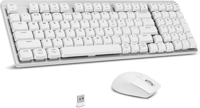 LeadsaiL Wireless Keyboard and Mouse Combo, 2.4Ghz Cordless Mechanical Keyboard and Silent Mouse for Business, Low-Profile Red Switch, 98-Key Compact Slim Keyboard for Windows/MacOS PC Laptop- Silver
