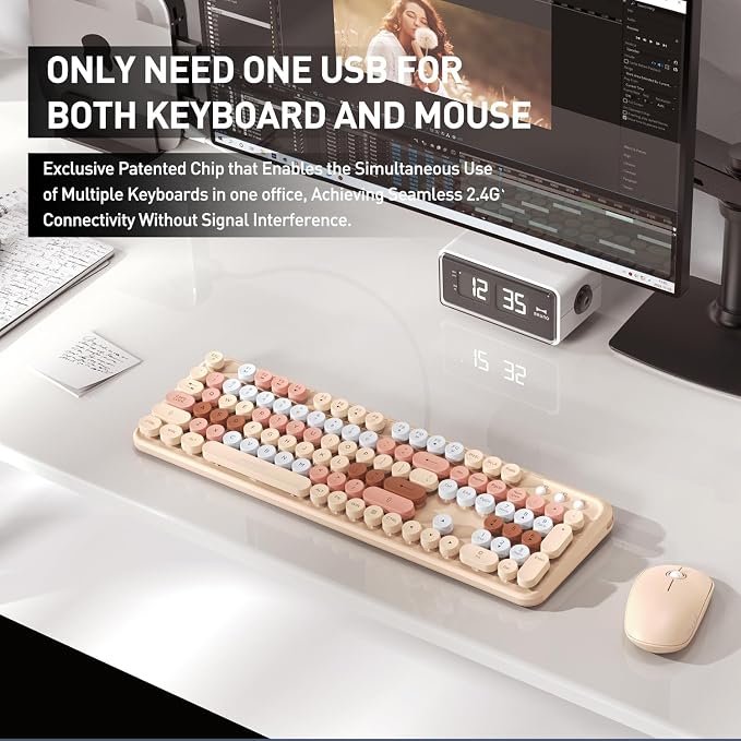 FOPETT Wireless Keyboard and Mouse Combo, 105 Keys Full-Sized 2.4 GHz Round Keycap Colorful Keyboards, USB Receiver Plug and Play, for Windows, Mac, PC, Laptop, Desktop (Milkteacolorful)
