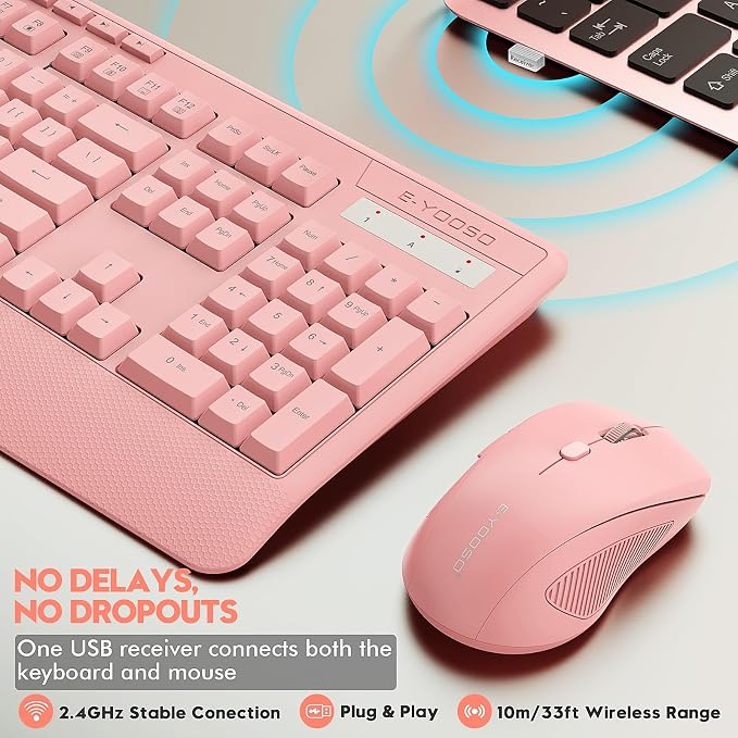 Wireless Keyboard and Mouse Combo, E-YOOSO 2.4GHz Full Sized Ergonomic Wireless Keyboard with Wrist Rest, 3 DPI Adjustable and 6 Buttons Cordless USB Mouse for Computer, Laptop, PC, Windows (Pink)