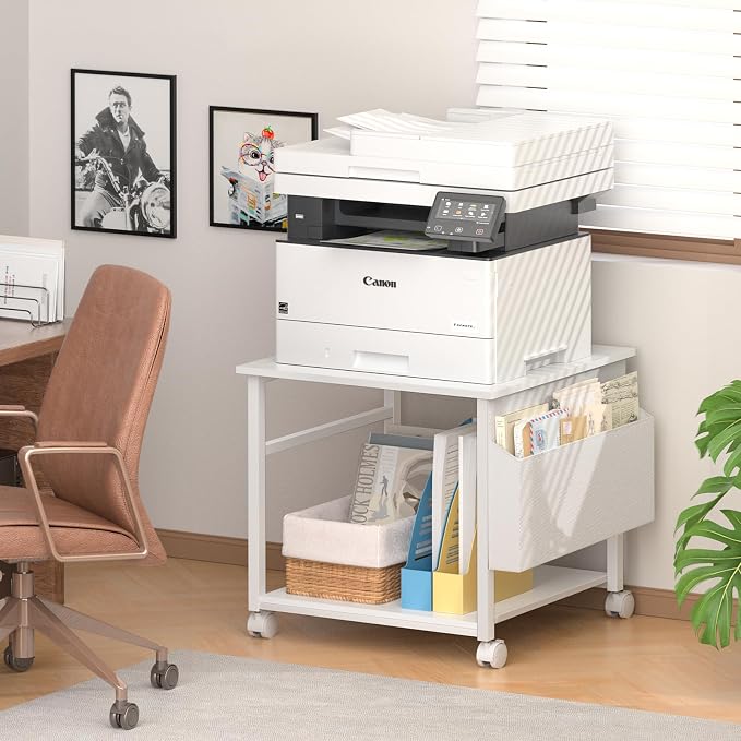 Lerliuo Large Printer Stand with Storage Shelf, 23.6 x 23.6 x 22.8 Industrial Printer Table for Home Office, Rolling Printer Cart Holder with Lockable Wheels, Mobile Mini Fridge Stand Table (White)