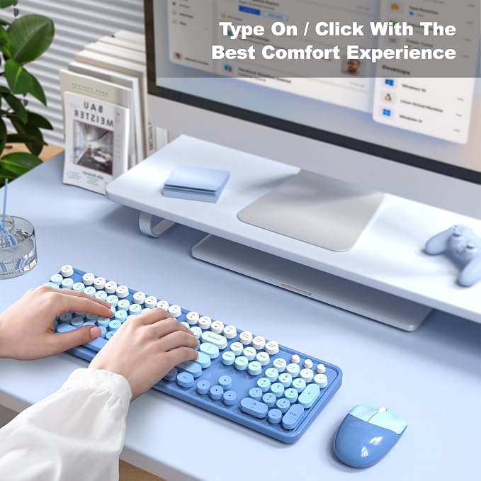 Wireless Keyboard and Mouse Combo, MOWUX Full Size Typewriter Retro Round Computer Keyboard, Cute Optical Mouse Wireless, Plug and Play, for Laptop, PC, Computer-Blue Gradient