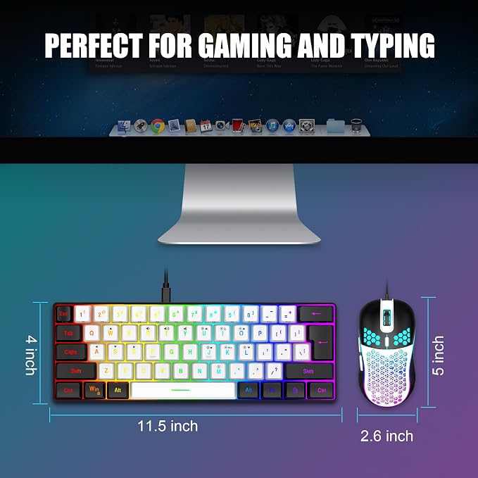 RedThunder 60% Gaming Keyboard and Mouse Combo, Ultra-Compact 61-Key RGB Backlit Mini Keyboard, Lightweight 7200 DPI Honeycomb Optical Mouse, RGB Wired Gaming Set for PC PS5 Xbox Gamer(White-Black)