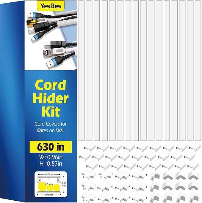 630in Cord Hider Kit, Paintable Cable Raceway, Cord Covers for Wires on Wall, Cord Hider for Wall Mount tv, tv Cable Hider Wall kit, Wire Covers for Cords, 40X L15.7in X W0.96in X H0.57in, White