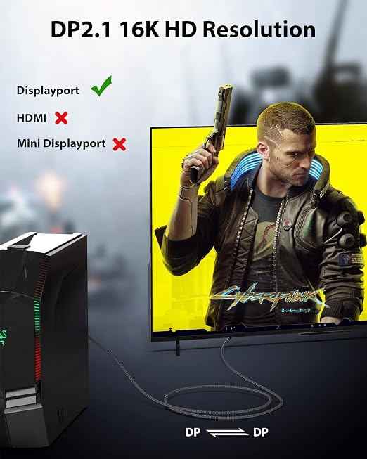 Maxonar VESA Certified DisplayPort 2.1 Cable, 16K DisplayPort Cable 2.0 Supports 80Gbps,16K@60Hz, 10K@60Hz, 8K@60Hz, 4K@165Hz, HDR, HDCP 2.2, 3D, ARC for Gaming Monitor, TV, PC, Laptop(6.6FT/ 2M)