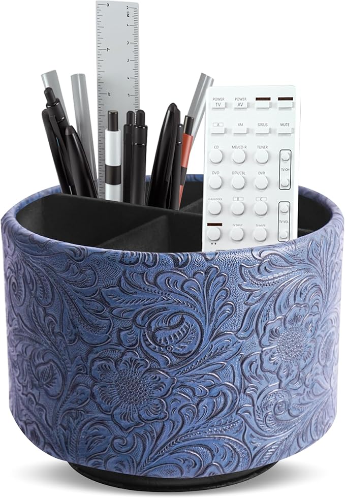 lizimandu Round Leather Art Supply Organizer,Remote Control Holder,360 Degree Spinning,Multi-Functional Pencil Holder,4 Compartments Desktop Stationary Organizer(1-Carved Dark Blue)