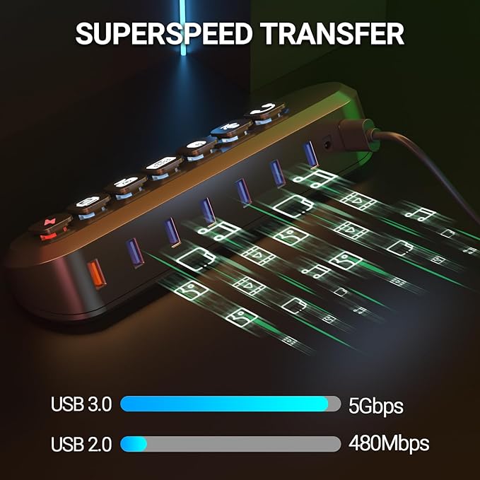 Powered USB Hub, atolla 7-Port USB 3.0 hub (6 Superspeed Transfer Ports+ 1 Fast Charging Port) with Swappable Illuminated Icon Switch and 12V/3A Power Adapter for Windows, MacOS, ChromeOS, Linux
