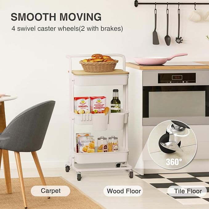 DTK 3 Tier Rolling Utility Cart with Cover Top Board, Movable Kitchen Storage Cart Trolley with Lockable Wheels, Cups, Hooks for Kitchen Bathroom Home Office Art Craft Storage and Organization(White)