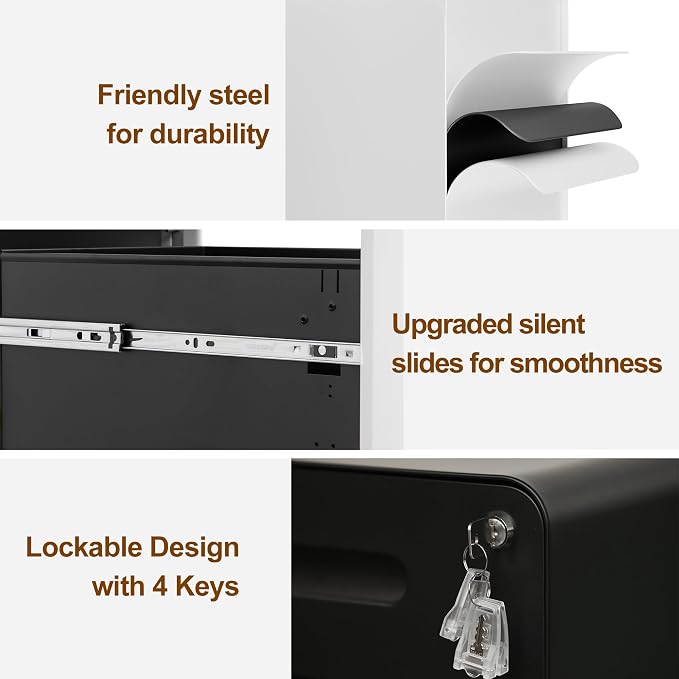 3 Drawer Mobile File Cabinet with Lock and 4 Keys, Small Vertical Metal Rolling Filing Cabinet Under Desk for Home Office Organizer Letters/Legal/A4 Hanging File Folders