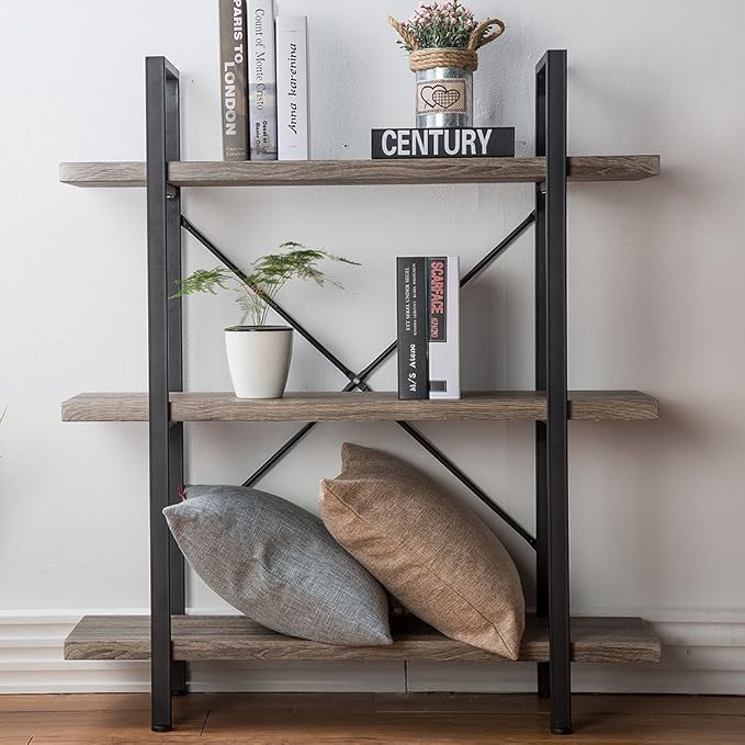 HSH 3-Shelf Bookcase, Rustic Gray 3 Tier Bookshelf, Vintage Industrial Wooden and Metal Display and Storage Bookshelves Tower for Home Office Livingroom Bedroom Light Grey Oak