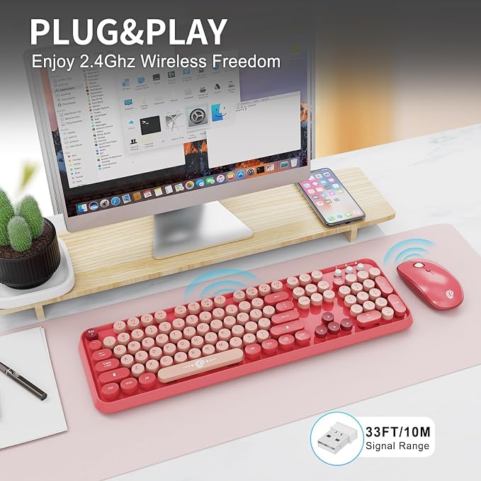 Wireless Keyboard and Mouse Combo, 2.4 GHz Wireless Full-Sized Typewriter Keyboard with Round Keycaps for Windows, Computer, Desktop, PC, Laptop (BerryPink)
