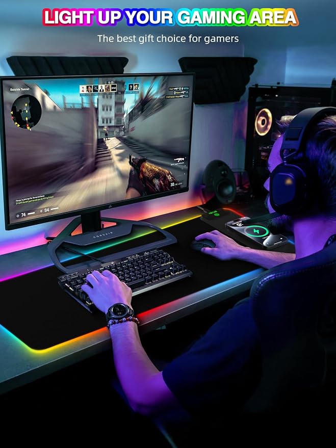 Magnetic Charging Mouse Pad, 31.5x11.81 Inch XL Gaming Mousepad, 11+5 RGB Lighting Modes, Home Office Large Desk Pad with Ultra-Smooth Surface, Non-Slip, Waterproof Keyboard Pad Classic Black Desk Mat