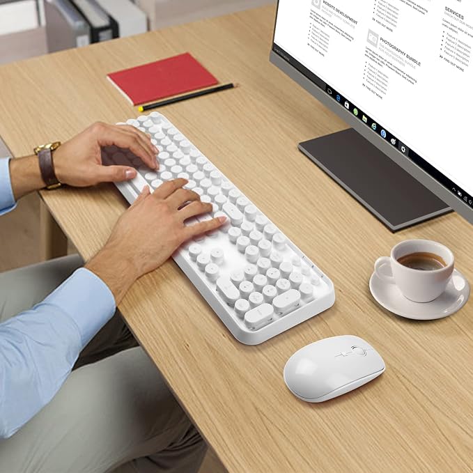Wireless Keyboard and Mouse Combo - Cute Colorful Keyboard and Mouse, Retro Typewriter Keyboard with 2.4GHz Plug & Play, for Windows 11/10/7, Laptop, PC (White)