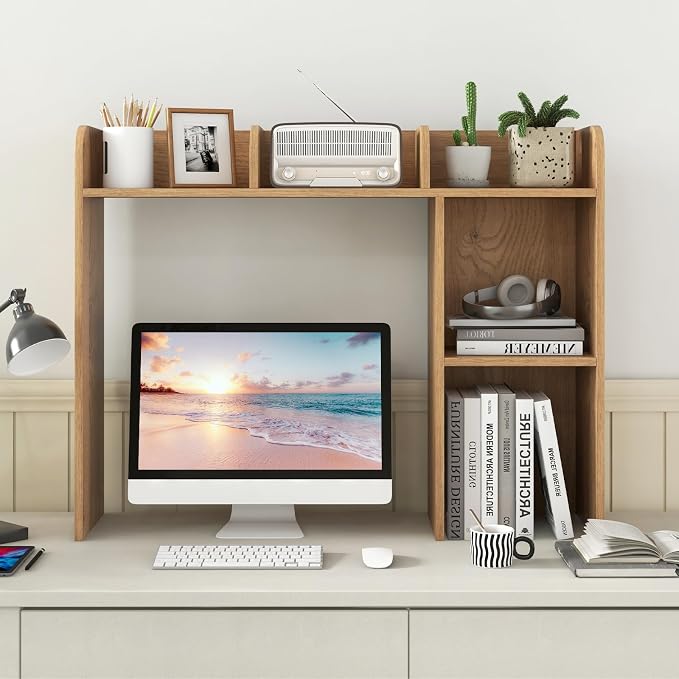 GOFLAME 5 Shelves Desktop Bookshelf, Wood Desk Hutch Dorm for Computer Desk, Countertop Display Rack, 3-Tier Desk Storage Organizer Shelf for Dormitory, Home Office, Study, Natural