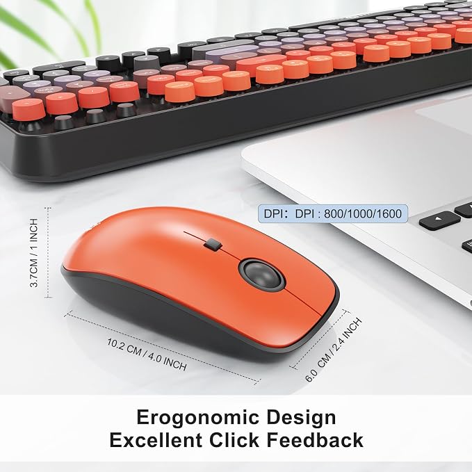 Wireless Keyboard and Mouse Combo, 2.4G USB Cordless Round Keyboard and Mouse for Laptop Computer TV (102 Keys Black Orange)