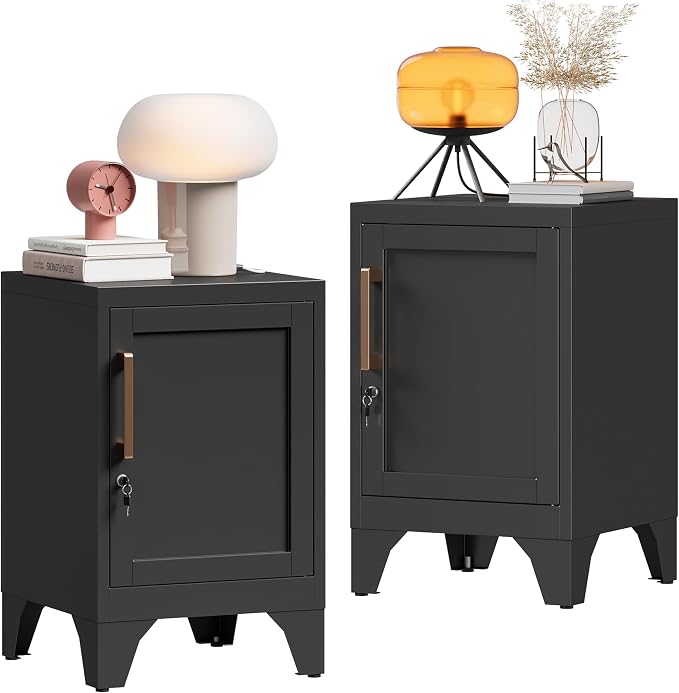 23.6" H Metal Locker Nightstand Set of 2,Black Locking Night Stand with Door and Adjustable Shelf, Small Side Table with Detachable Legs for Home Office,Living Room or Bedroom,Easy Assembly