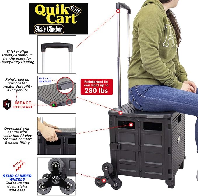 dbest products Quik Cart Elite Stair Climber Wheeled Rolling Crate Teacher Utility With seat Heavy Duty Collapsible Basket With Handle, Black