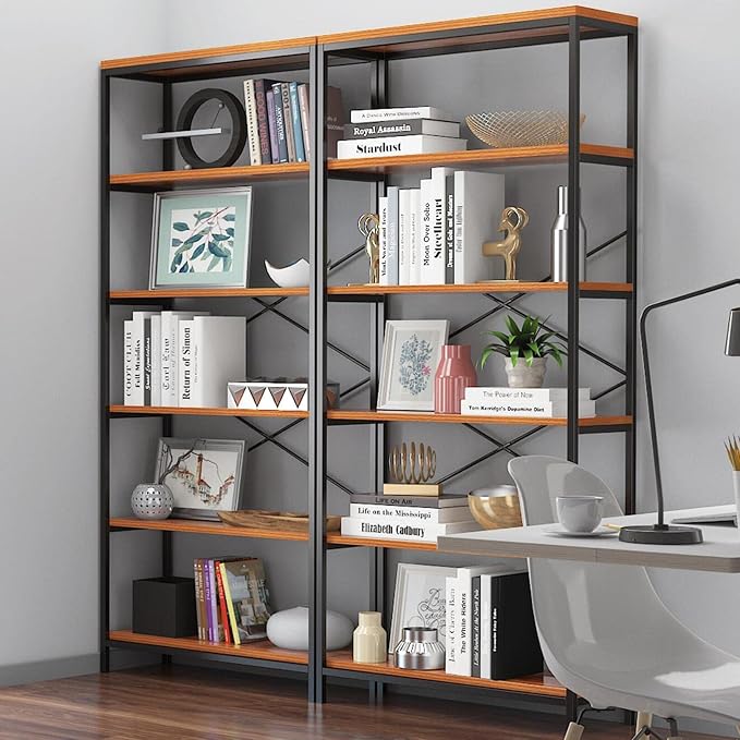 Himimi 6-Tier Bookshelf Set of 2,Tall Bookcase Industrial Wood Storage Rack with Open Book Shelves,Modern Metal Standing Organizer,Vintage Display Rack for Living Room, Office, Bedroom, Rustic Brown