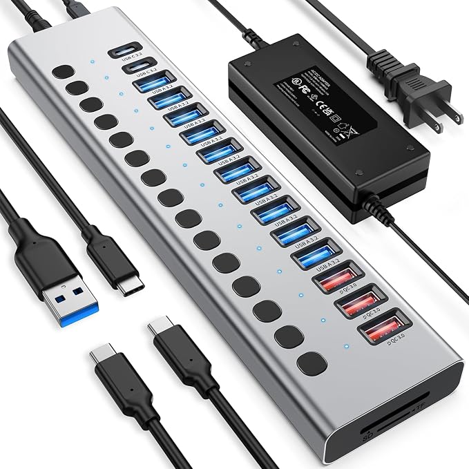 Powered USB Hub 10Gbps, 17 Ports 96W USB 3.2 Hub(10 USB-A 3.2 Ports+3 QC 24W Fast Charging Ports+2 USB-C 3.2 Ports+SD/TF Card Reader), 12V/8A Power Adapter for Laptop, PC, Computer, HDD,Flash Drive
