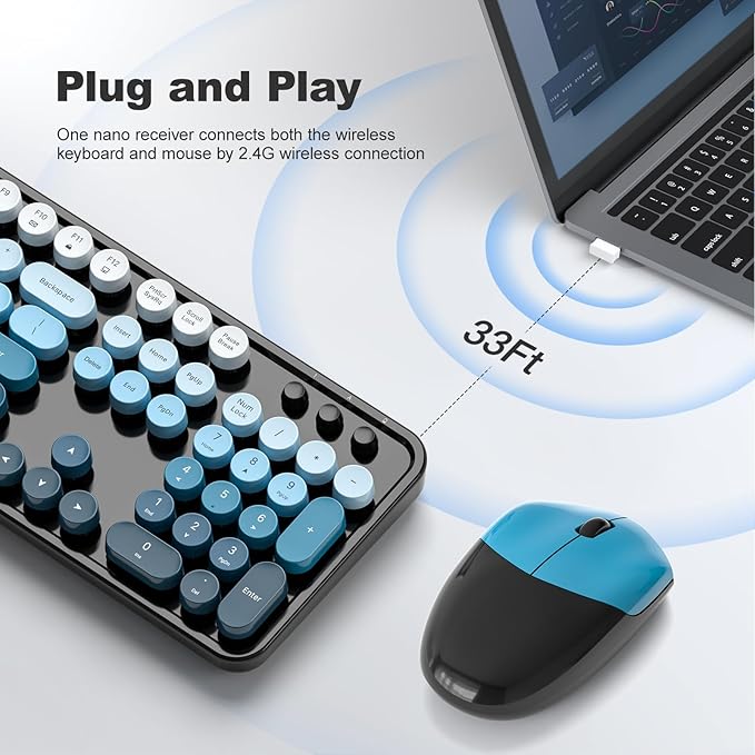 MOWUX Wireless Keyboard and Mouse Combo, Full Size Typewriter Retro Round Computer Keyboard, Cute Optical Mouse, 2.4G Plug and Play, Compatible with Laptop, PC, Desktop, Computer - Black Blue Gradient