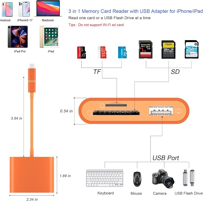 SD Card Reader for iPhone, Memory Card Reader with USB-C to Light-ning Adapter Plug and Play Trail Game Camera Micro SD Card Viewer Support SD/TF Card and USB for iPad No App Required (Orange)
