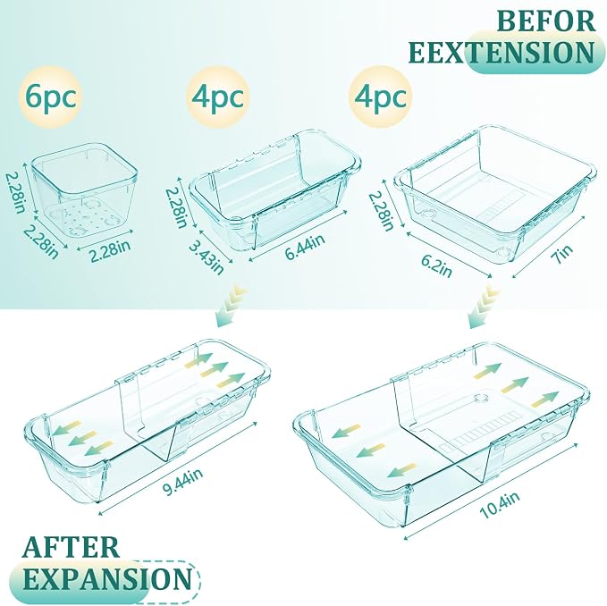 14 Pcs Adjustable Clear Drawer Organizer, Extendable Vanity Storage Bins, Desk Drawer Organizer Set for Makeup, Cosmetics, Bedroom, and Gadgets, Blue