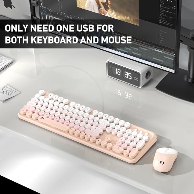 Wireless Keyboards Mouse Combos, Colorful Cute Typewriter Full-Size Retro Round Keycaps, 2.4GHz Cordless Sleep Mode Office Quiet Wireless Keyboard and Mouse Set for Desktop Laptop PC Computer
