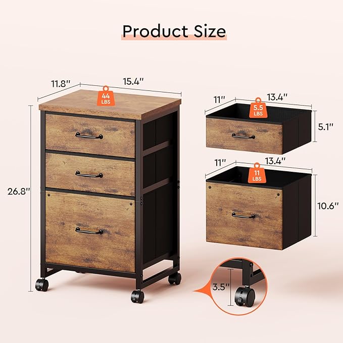 Maihail 3 Drawer Mobile File Cabinet with Wheels Fabric Vertical Filing Cabinet fits A4 or Letter Size for Home Office,Rustic Brown2