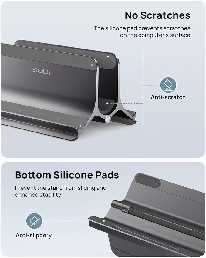SODI Vertical Laptop Stand for Desk, Aluminum Laptop Holder Compatible with MacBook Pro, MacBook Air Stand Up to 17 inch, Gravity Auto-Lock Cooling, 3in1 Space Saving Desk Organizer Accessories, Gray