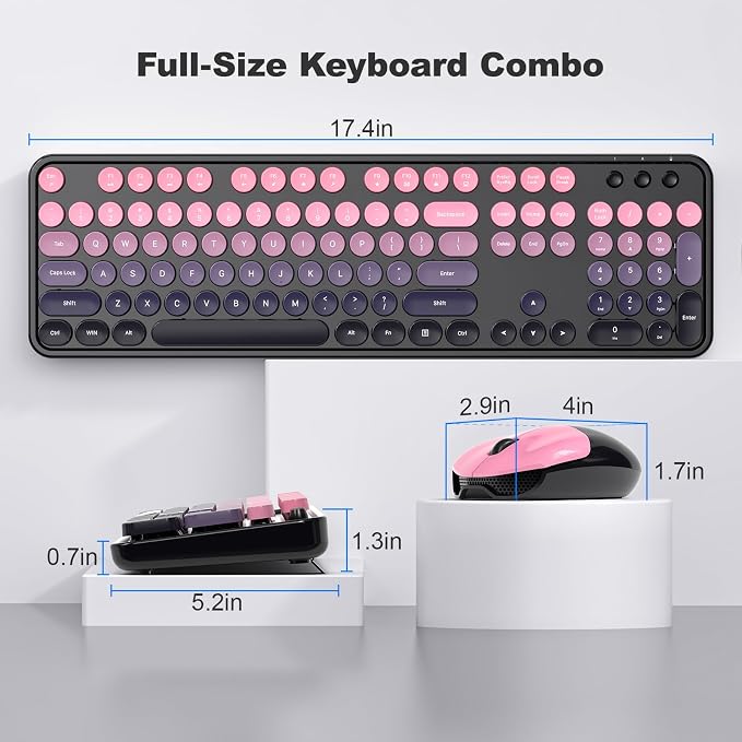 MOFII Wireless Keyboard and Mouse Combo, Retro Typewriter Keyboard with Colorful Round Keycaps, 2.4GHz USB Plug Play Connection for PC Laptop Windows XP/7/8/10 (Berry Pink)