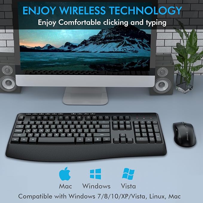 Wireless Keyboard and Mouse Combo, E-YOOSO 2.4GHz Full Sized Ergonomic Wireless Keyboard with Wrist Rest, 3 DPI Adjustable and 6 Buttons Cordless USB Mouse for Computer, Laptop, PC, Windows (Black)