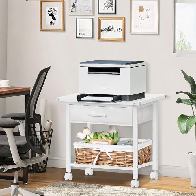 Lerliuo Under Desk Rolling Printer Stand with Drawer, 2-Tier Industrial Mobile Printer Table Desk with Storage Shelf and Steel Frame, Printer Cart Holder with Lockable Wheels for Home, Office (White)