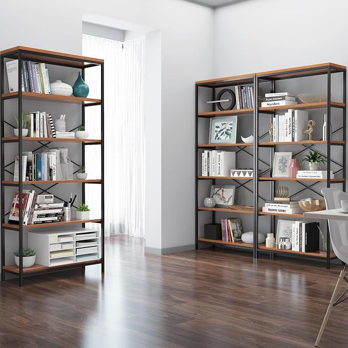 Himimi 6-Tier Bookshelf Set of 2,Tall Bookcase Industrial Wood Storage Rack with Open Book Shelves,Modern Metal Standing Organizer,Vintage Display Rack for Living Room, Office, Bedroom, Rustic Brown