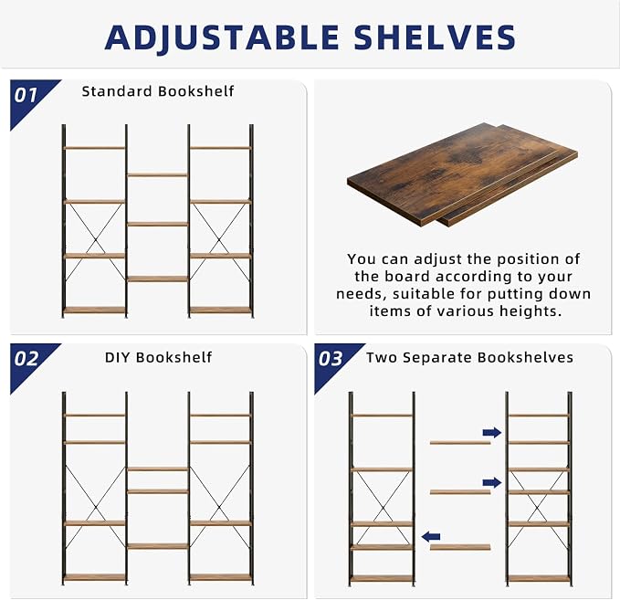 NUMENN Triple Column 4 Tier Bookshelf, Bookcase with 11 Open Display Shelves, Adjustable Rustic Industrial Style Book Shelves, Modern Bookshelves for Bedroom, Living Room and Home Office, Vintage