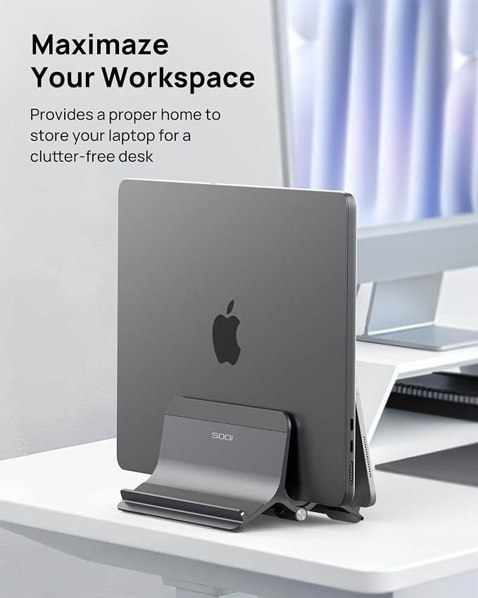 SODI Vertical Laptop Stand for Desk, Aluminum Laptop Holder Compatible with MacBook Pro, MacBook Air Stand Up to 17 inch, Gravity Auto-Lock Cooling, 3in1 Space Saving Desk Organizer Accessories, Gray