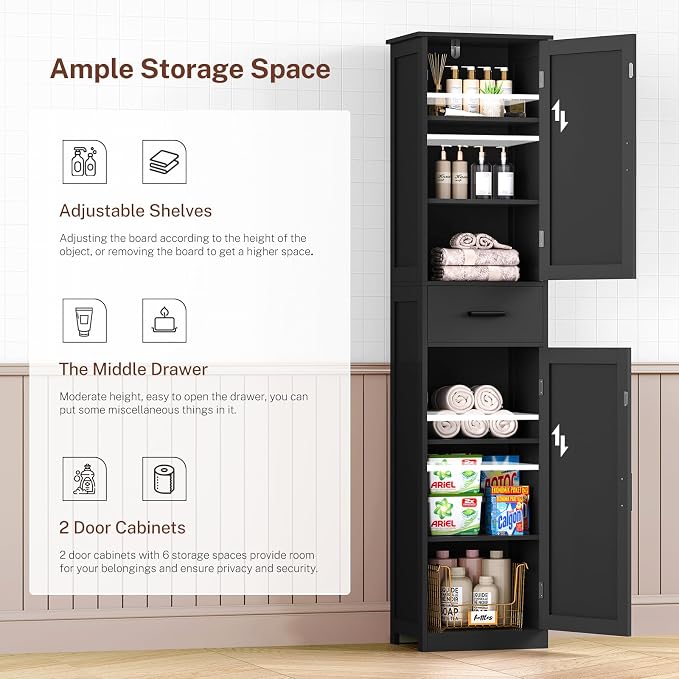 TEENFON Tall Bathroom Cabinet, Storage Cabinet with 6 Shelves & Drawer, Bathroom Storage Cabinet with Adjustable Shelves, Tall Cabinet for Living Room, Home Office, Black