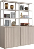 SICOTAS Book Shelf Fluted Bookshelf Cabinet - 75" Tall Bookcase 6 Tier Large Bookshelves with Door Storage Modern Double Wide Book Shelves Case for Living Room Office Library, Metal Frame, White Alder