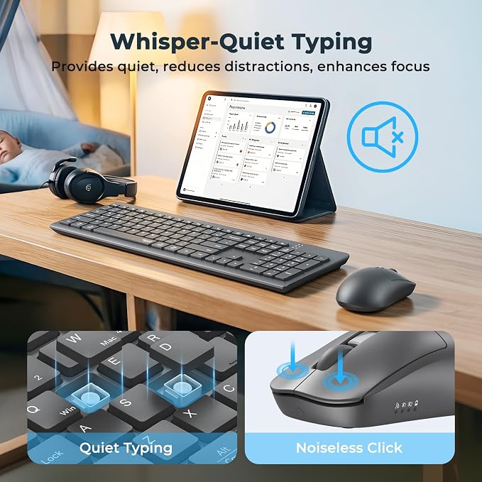 MEETION Wireless Keyboard and Mouse, Silent Bluetooth Keyboard Mouse Set, 2.4G/Bluetooth Full-Sized Computer Keyboard, Gray