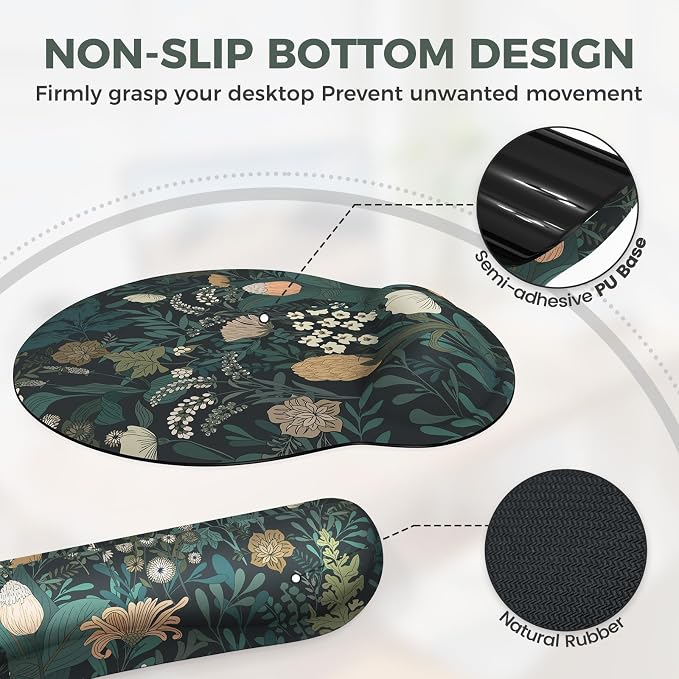 iCasso Desk Cover Mat, 4in1 Floral Large Mouse Pad with Wrist Rest, Desk Matt for Desktop, Anti-Slip XXL Big Computer Ergonomic Mousepad with Wrist Support for Keyboard and Mouse (Weeds)