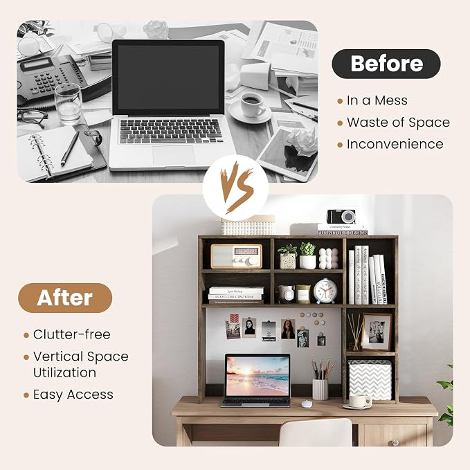 LDAILY Desktop Bookshelf, 37’’ Wood Desk Shelf with 7 Cubes & 3 Adjustable Shelves, 3-Tier Desk Display Rack, Desk Hutch for Dorm College Office Computer Monitor Up to 27’’ (Grey Oak, 7 Shelves)